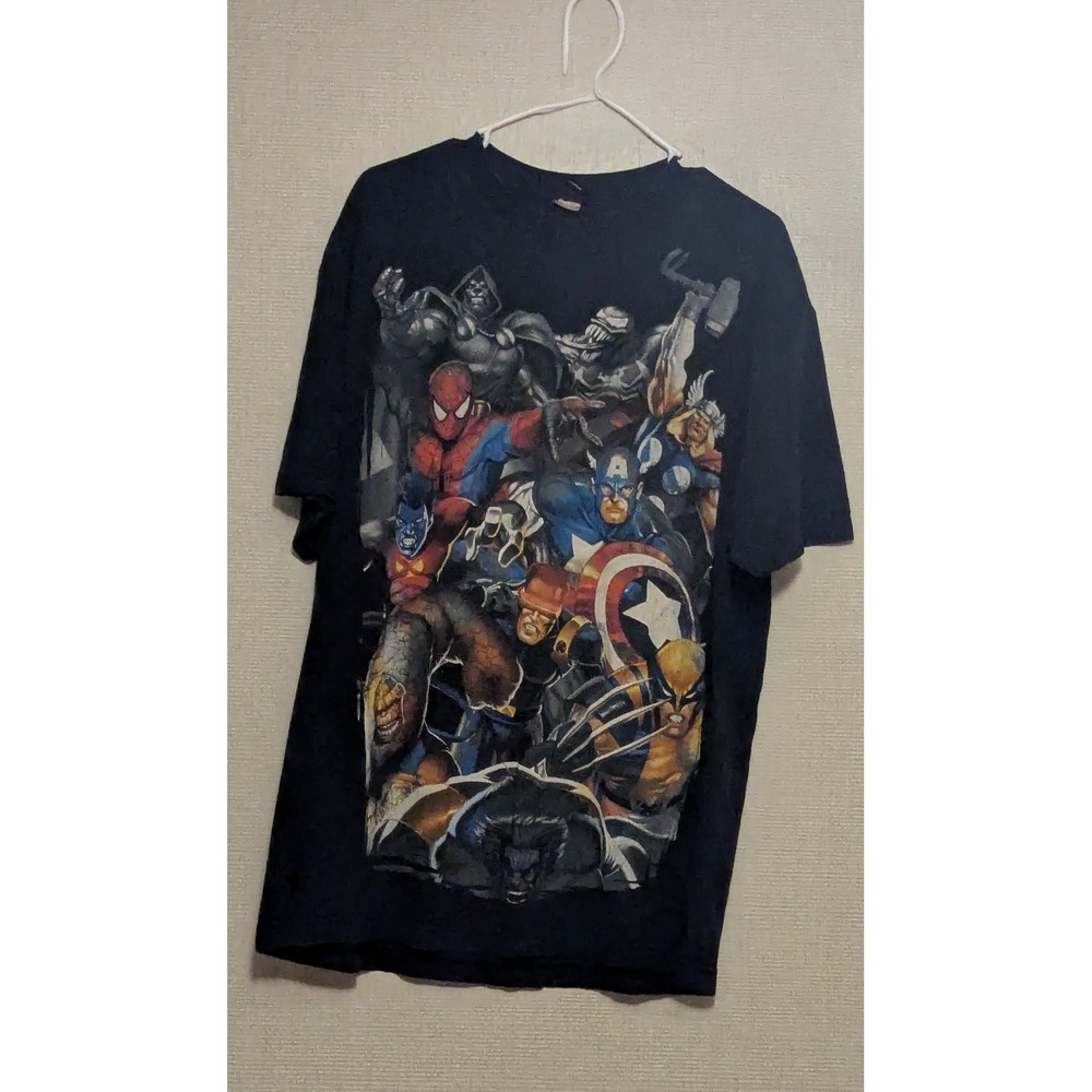 Vintage Y2K Marvel Mad‎ Engine AOP Comic Book Shirt Characters Black XL